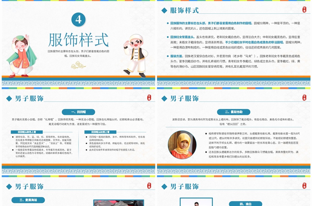 蓝色卡通风非遗系列之回族服饰PPT模板