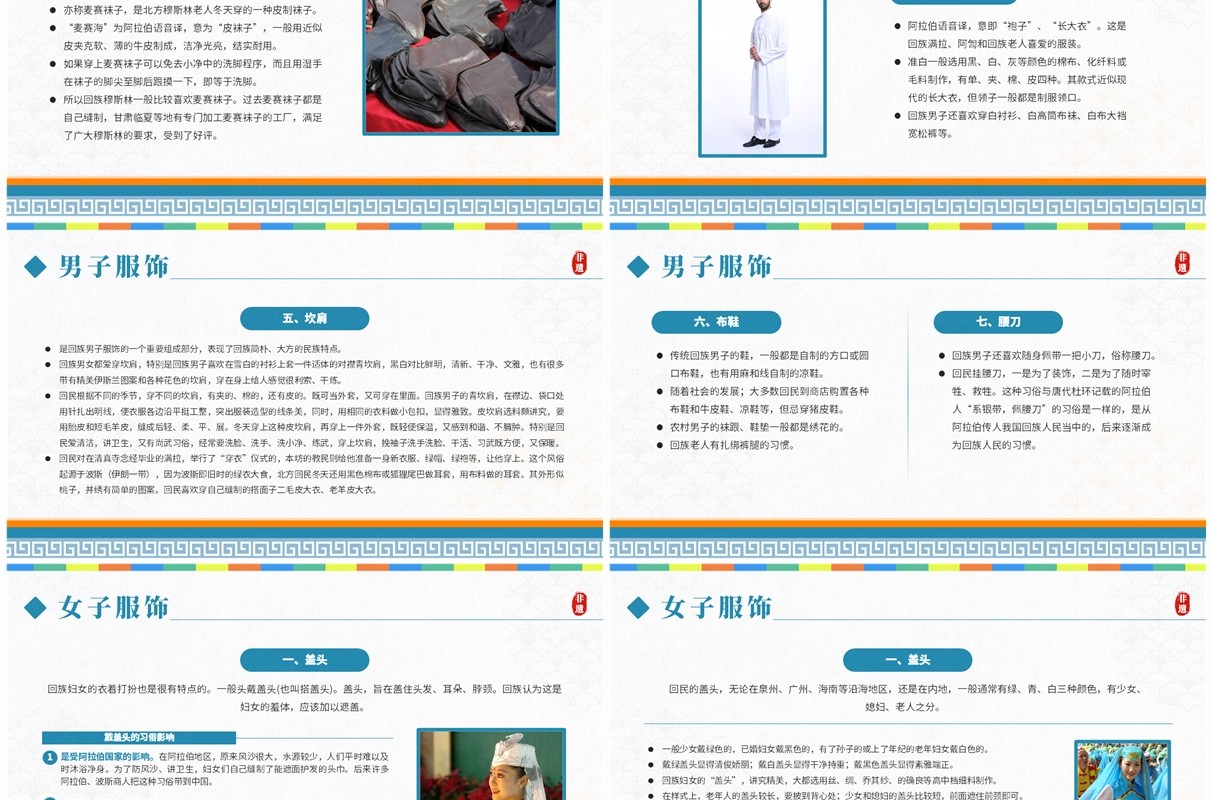 蓝色卡通风非遗系列之回族服饰PPT模板