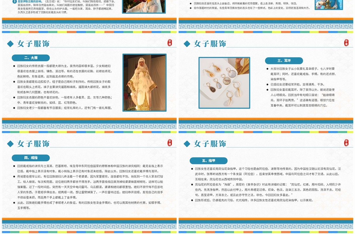蓝色卡通风非遗系列之回族服饰PPT模板