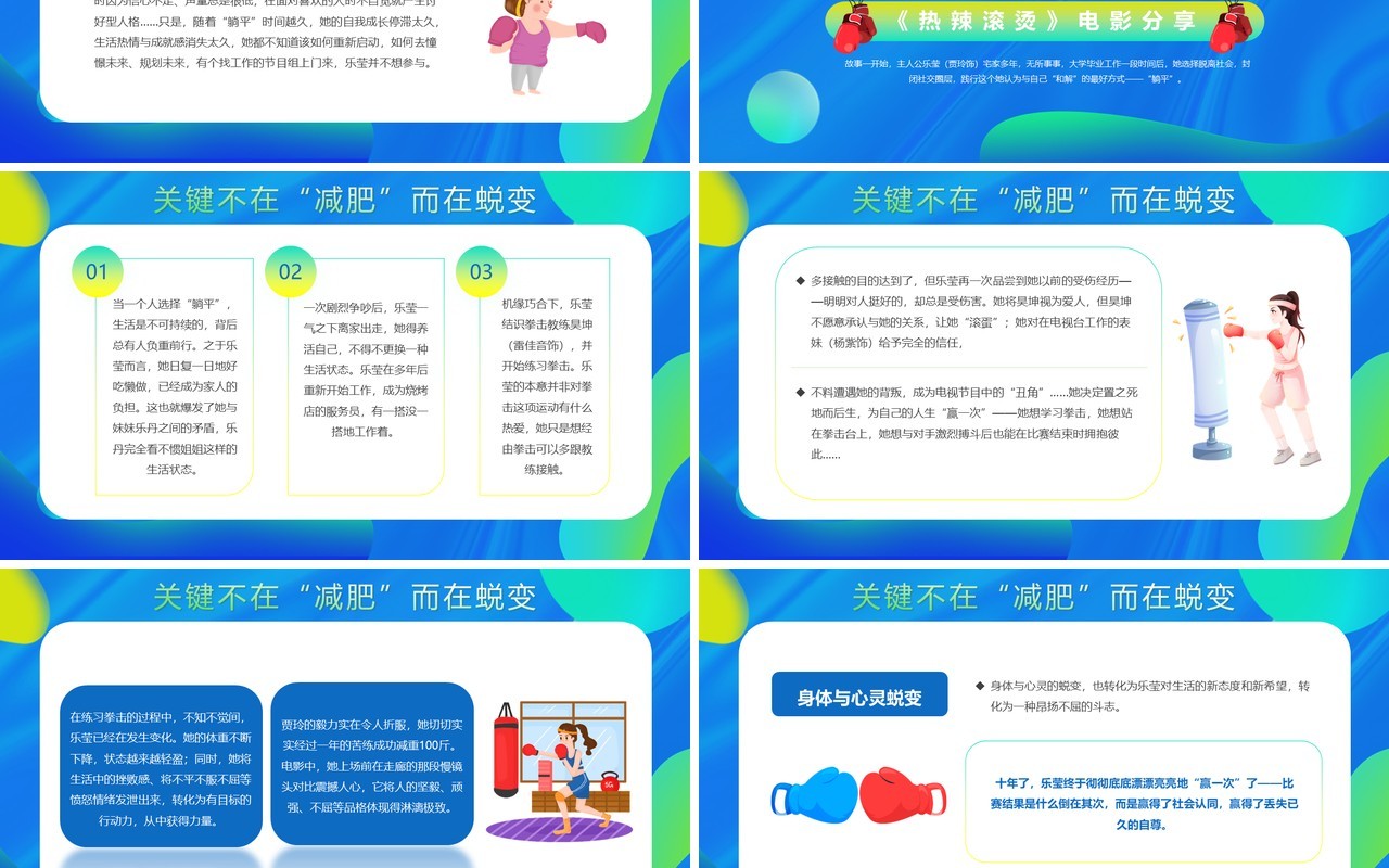 蓝色渐变卡通风热辣滚烫电影分享PPT模板