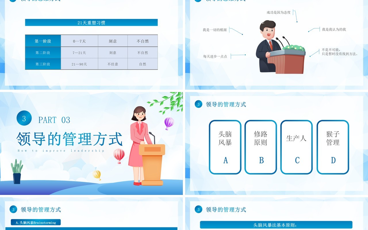 蓝色插画风如何提升领导力PPT模板