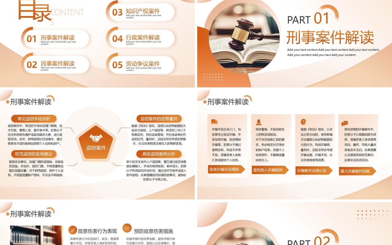 橙色简约风法律案件解读科普PPT模板