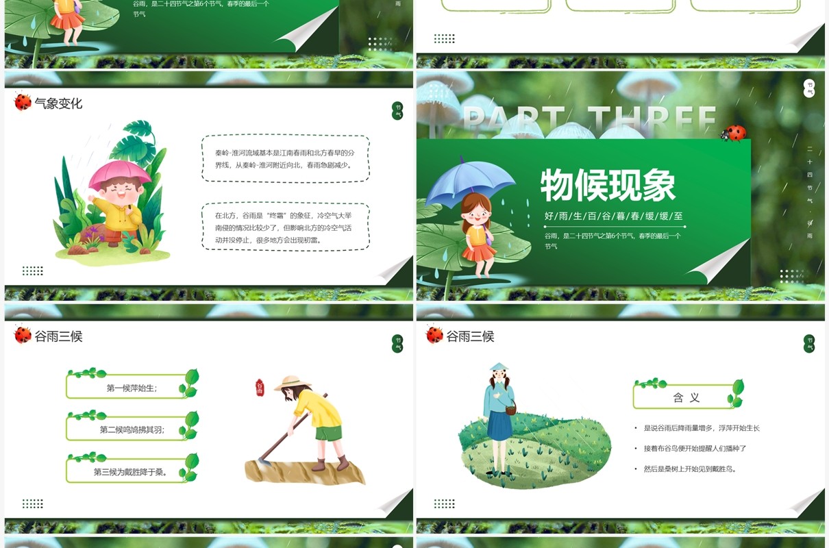 绿色卡通风二十四节气之谷雨介绍PPT模板