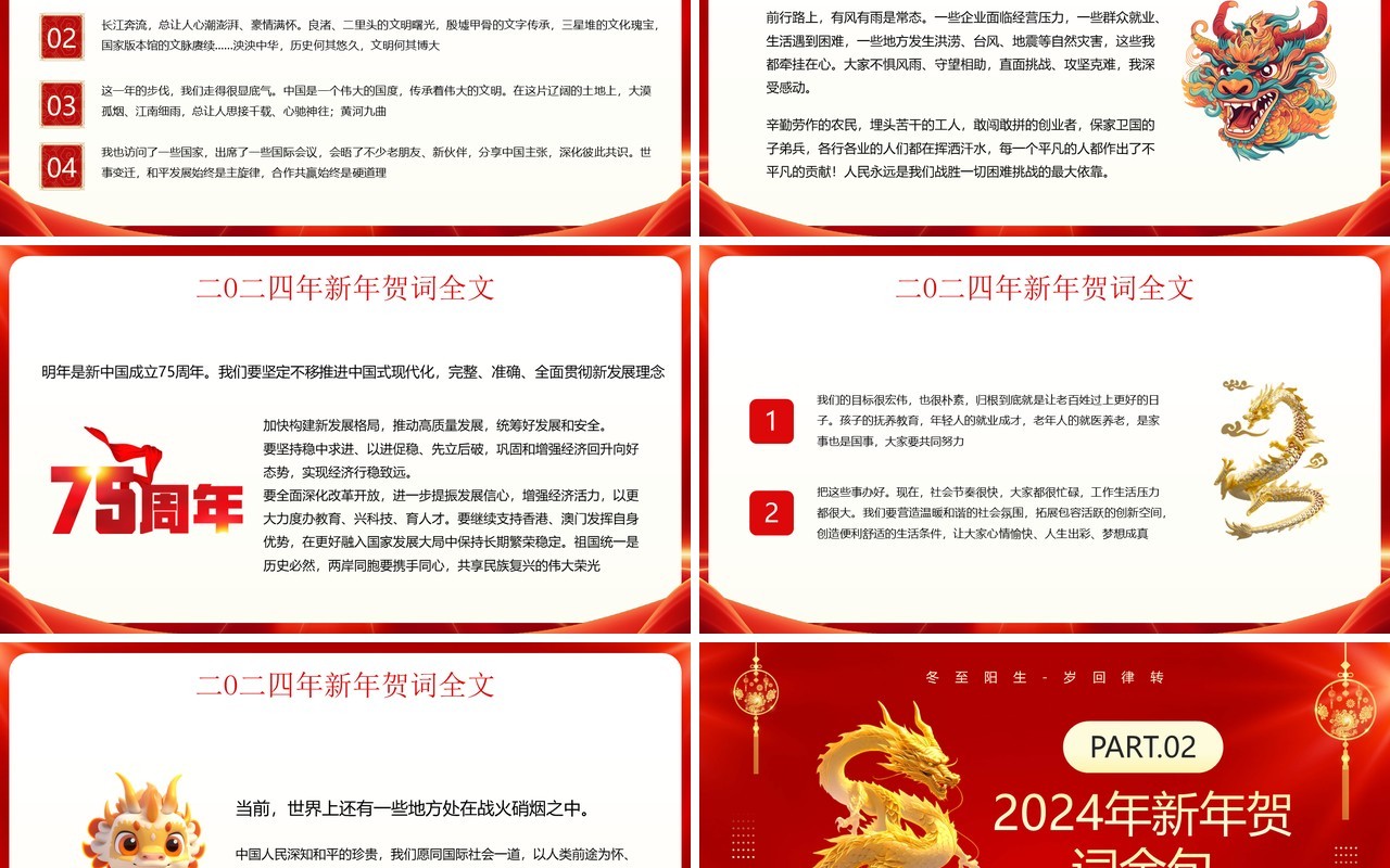 红色简约风龙年新年贺词介绍PPT模板