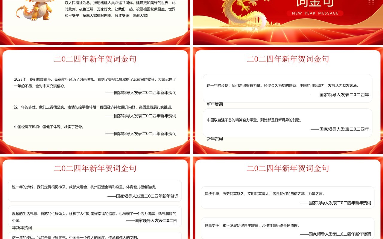 红色简约风龙年新年贺词介绍PPT模板