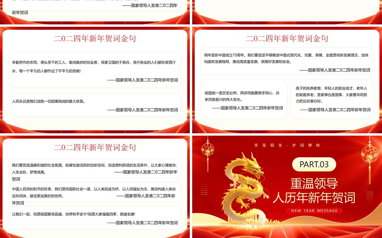 红色简约风龙年新年贺词介绍PPT模板