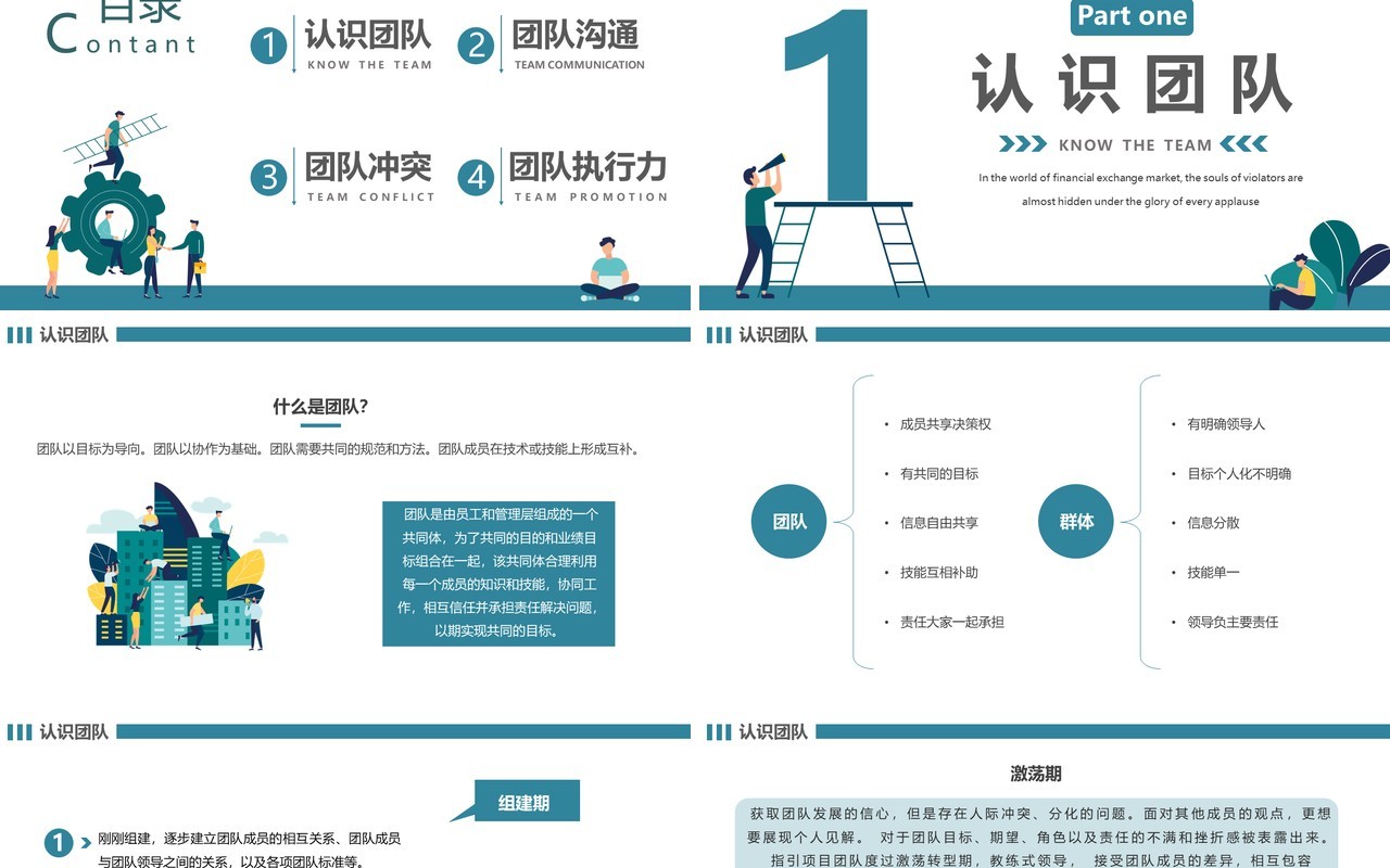 蓝绿色简约团队建设与管理PPT模板