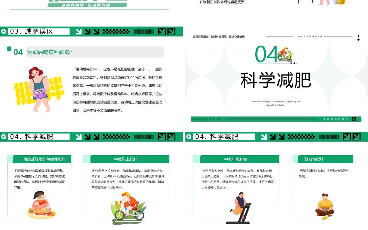 绿色简约卡通风世界防治肥胖日PPT模板