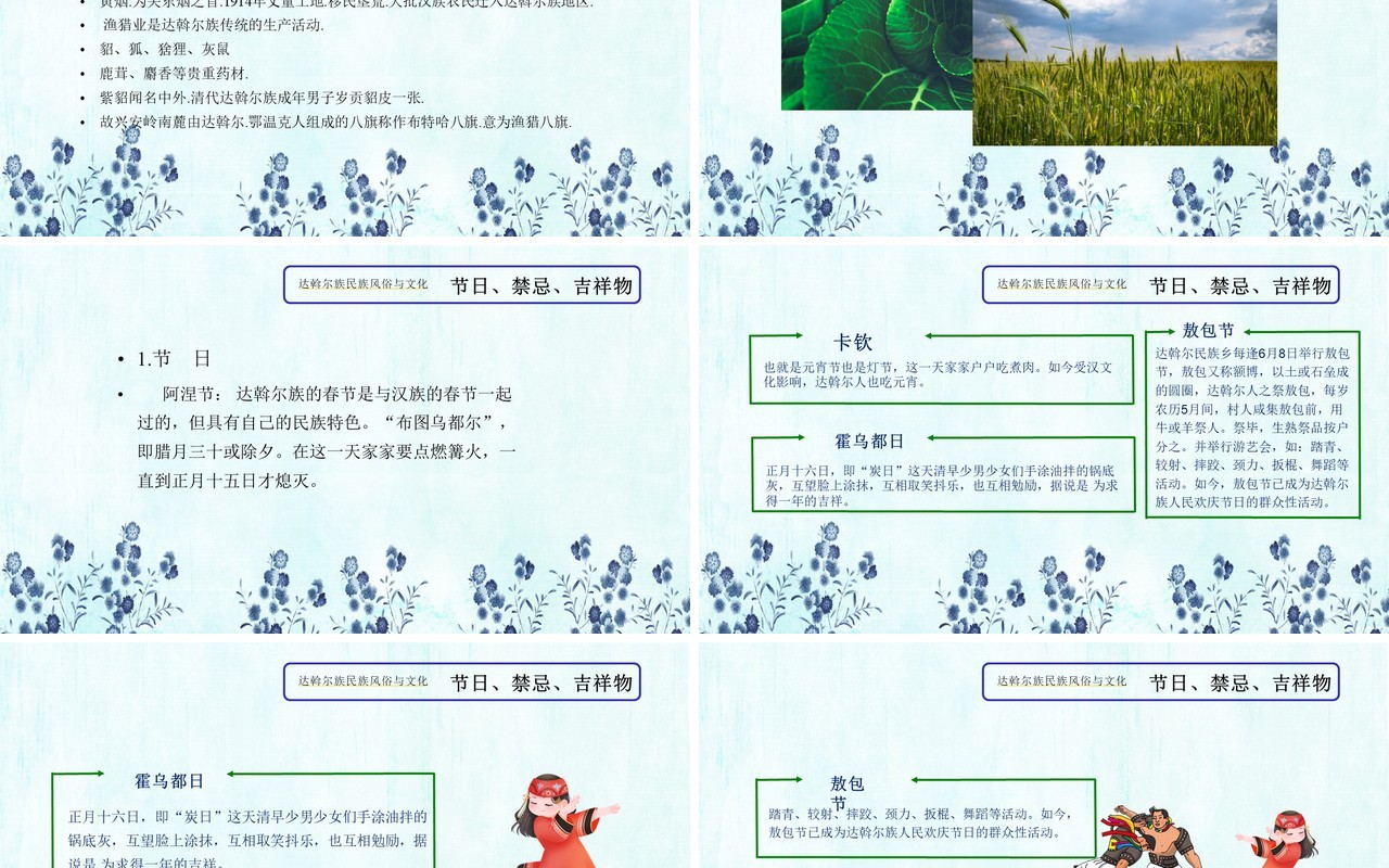 蓝色少数民族达斡尔族民族风俗与文化PPT模板