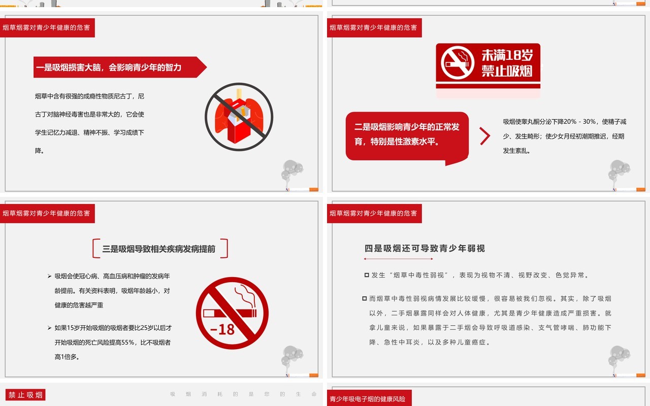 红灰简约世界无烟日主题班会PPT模板