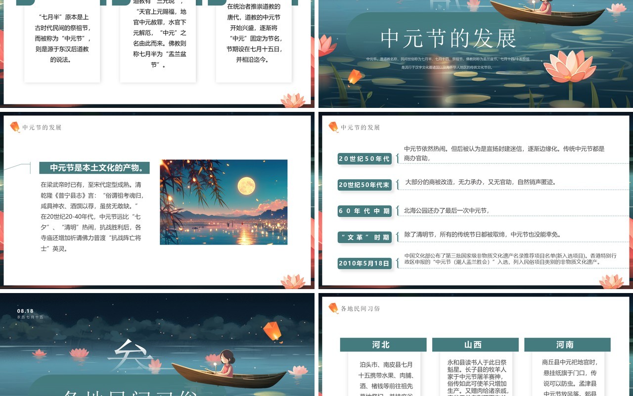 绿色插画风传统节日中元节介绍PPT模板