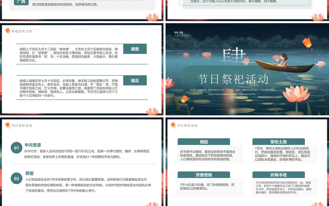 绿色插画风传统节日中元节介绍PPT模板
