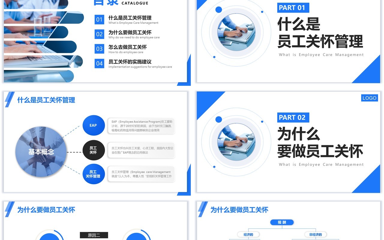 蓝色简约员工关怀管理员工培养企业培训PPT模板