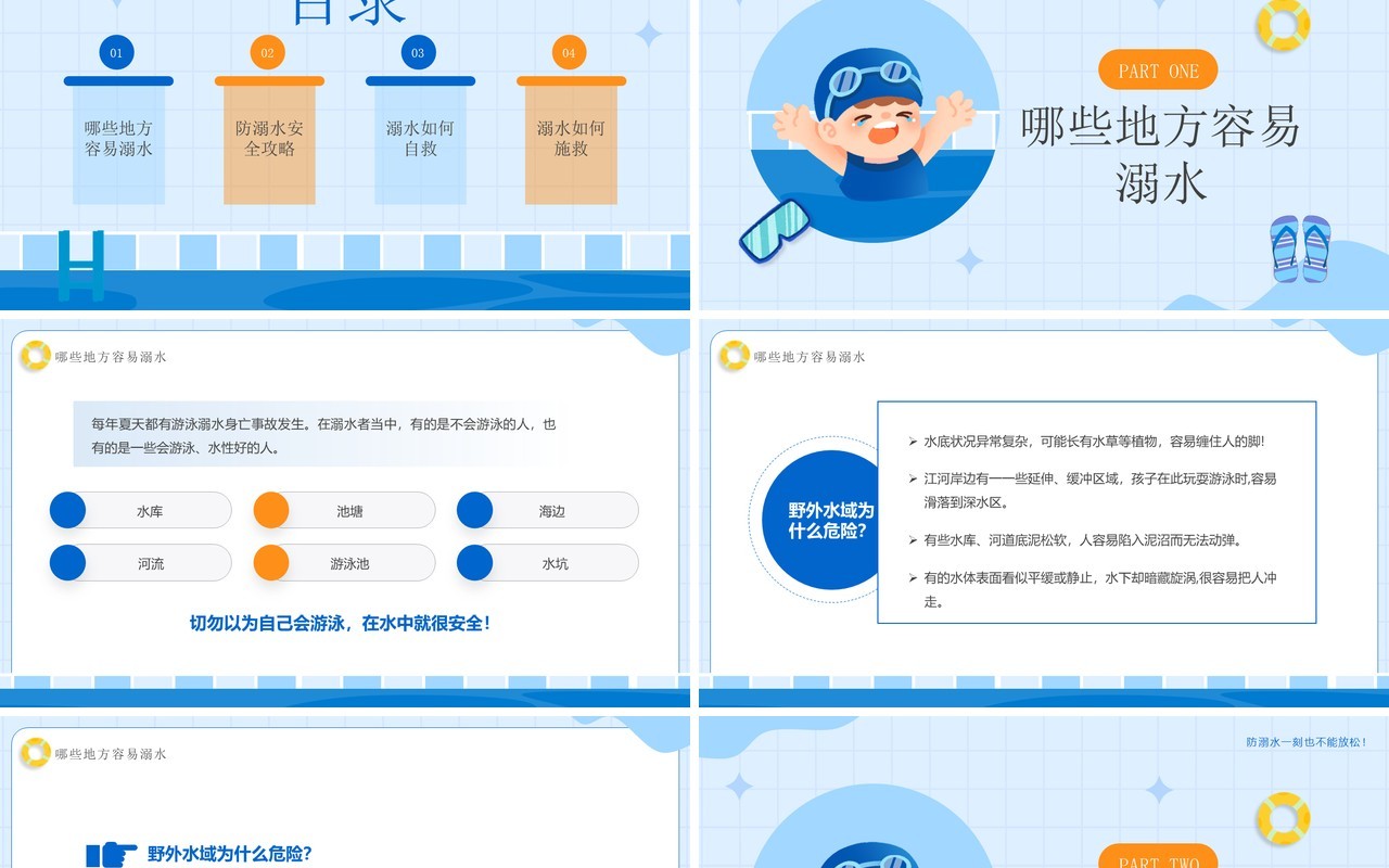 蓝色卡通生命无价预防溺水安全教育PPT模板