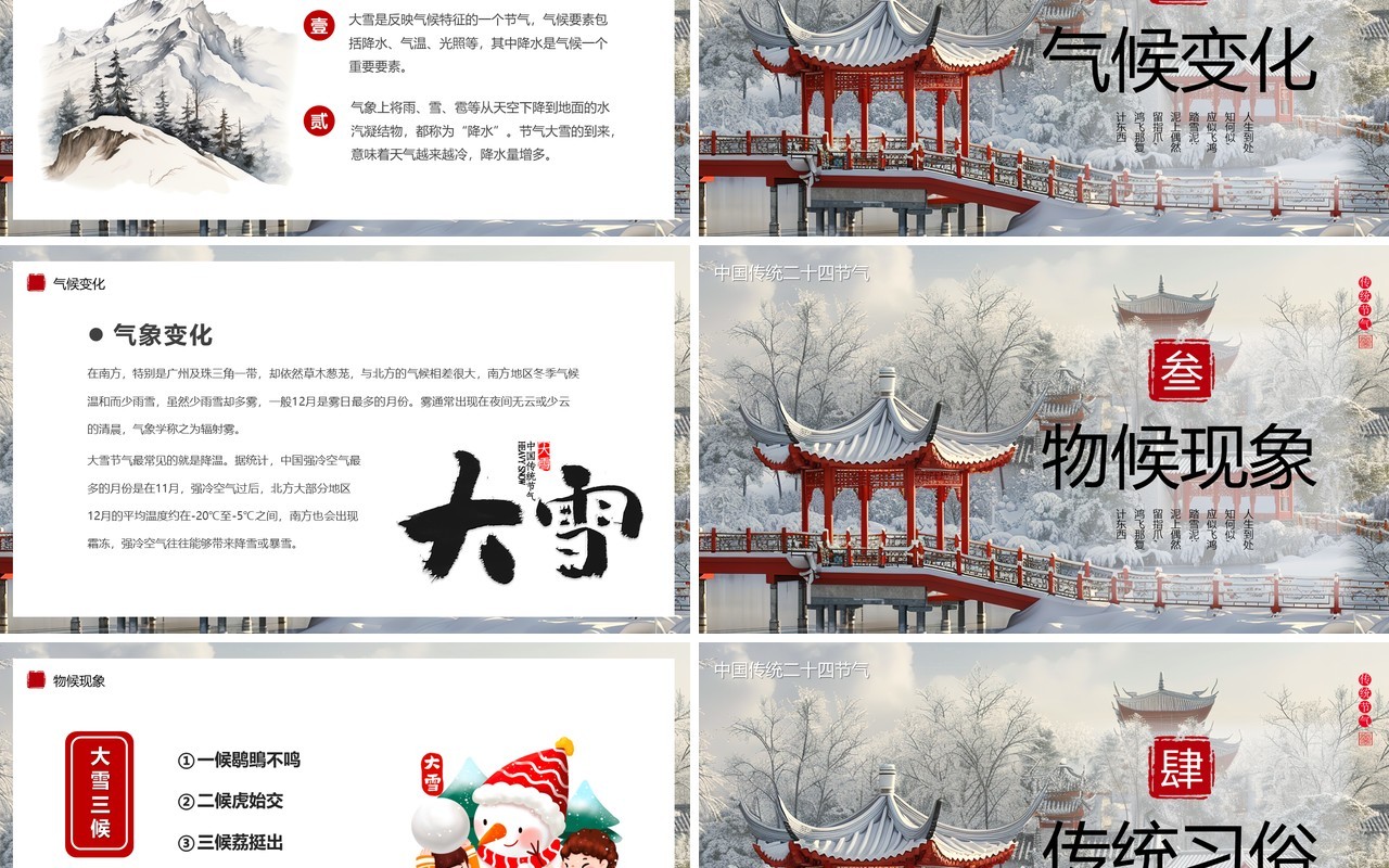 淡雅插画风传统二十四节气之大雪PPT模板