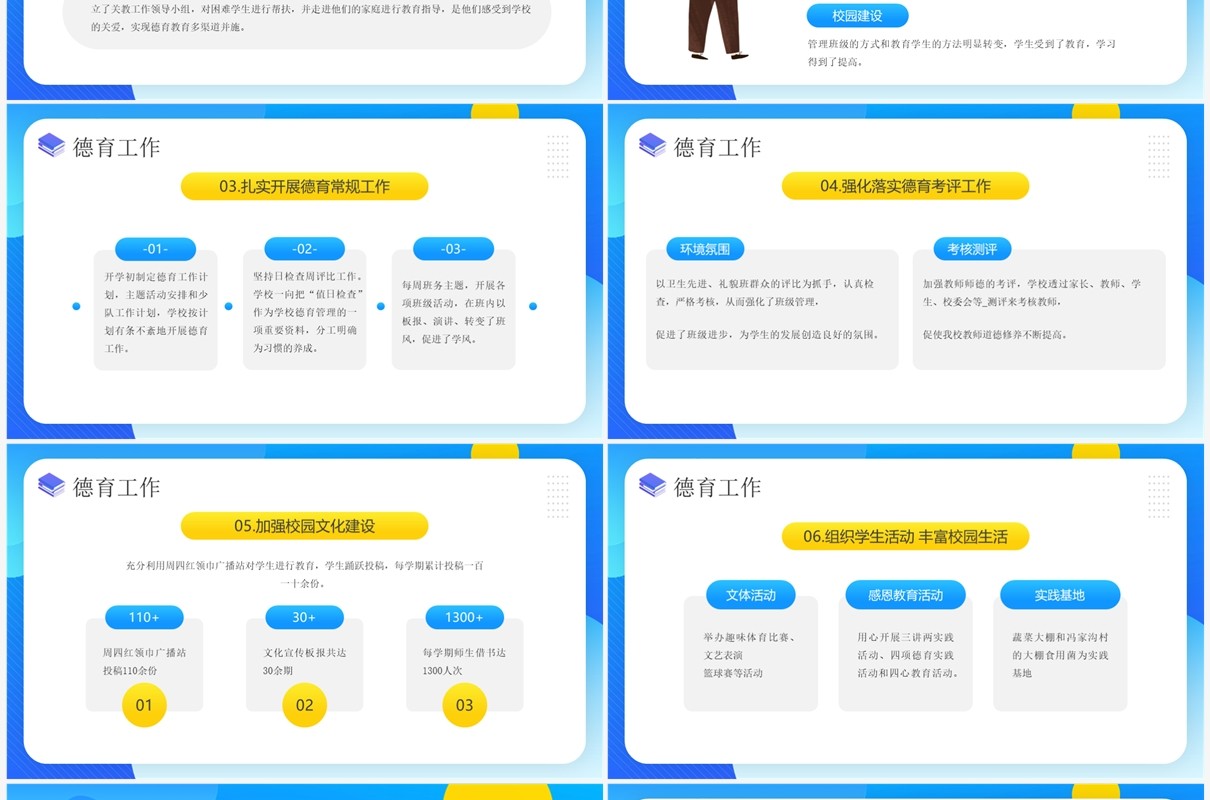 蓝色插画风校长期末总结汇报PPT模板