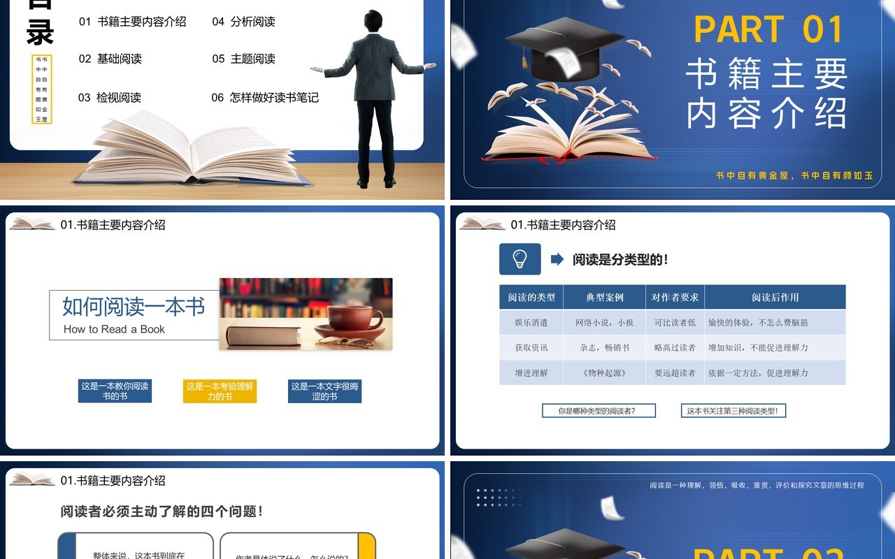 蓝色简约风如何阅读一本书宣传教育PPT模板