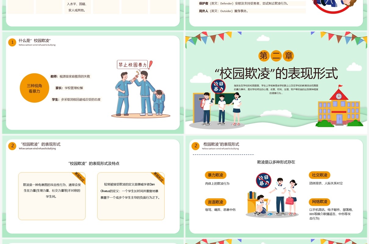 绿色卡通风拒绝校园欺凌PPT模板