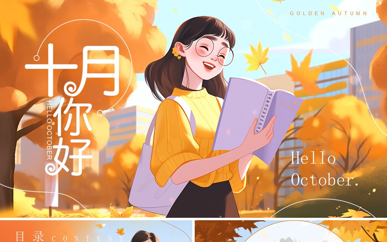 橙色插画风金秋十月PPT通用模板