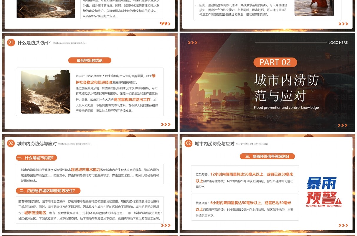 橙色简约风防洪防汛安全教育PPT模板