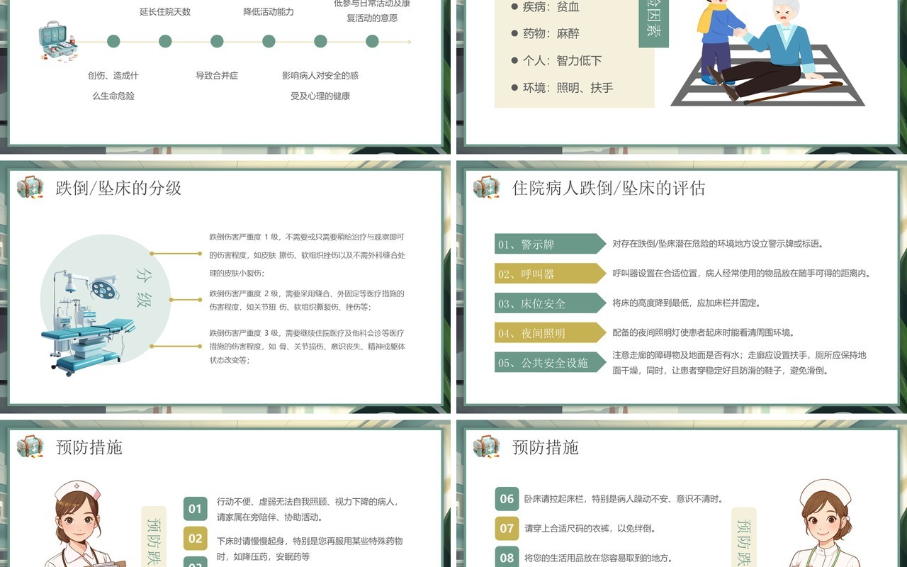 绿色插画风跌倒及坠床的预防护理PPT模板