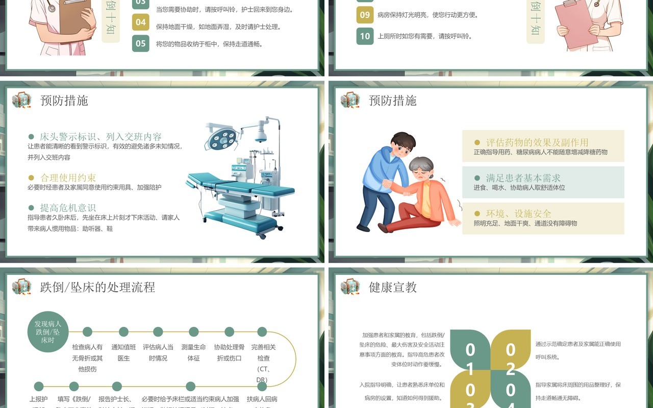 绿色插画风跌倒及坠床的预防护理PPT模板