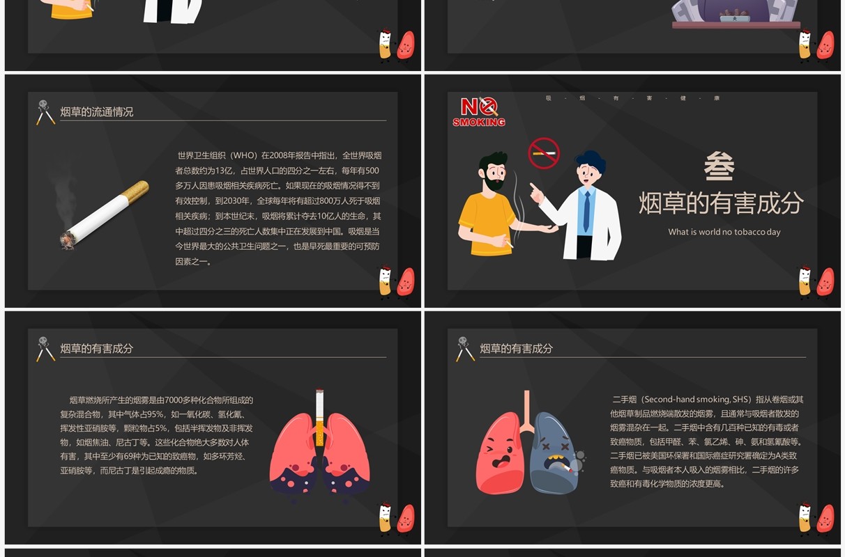 卡通风黑金世界无烟日介绍宣传PPT模板
