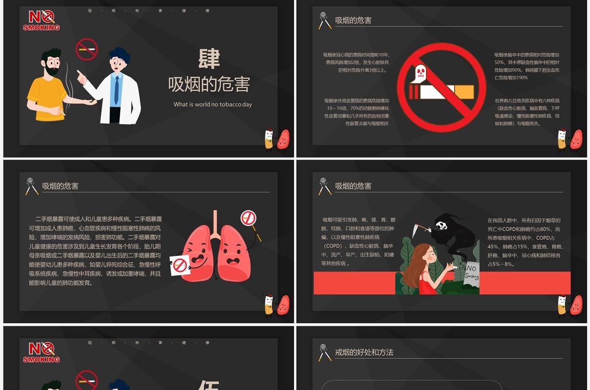 卡通风黑金世界无烟日介绍宣传PPT模板