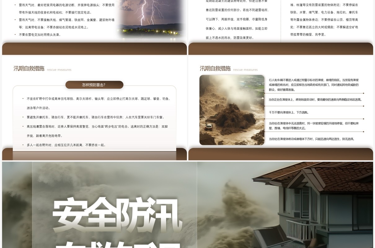 大地色系咖色防汛安全防汛自救知识PPT模板