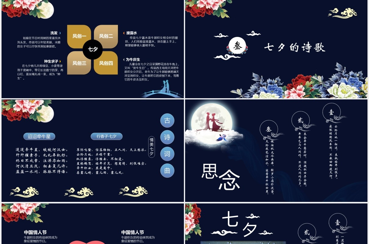 深蓝色中国传统节日七夕节日的由来主题PPT模板