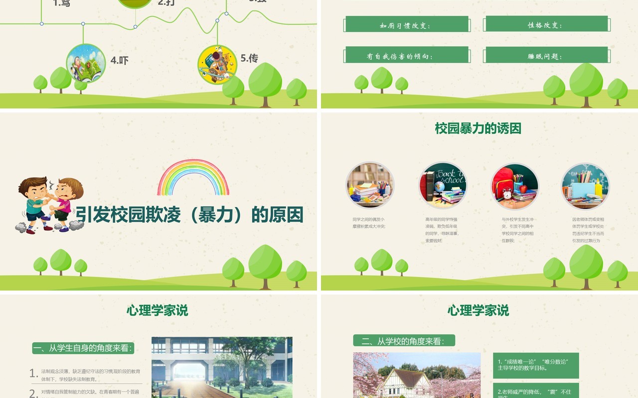 绿色中小学校园安全反对校园欺凌班会PPT模板