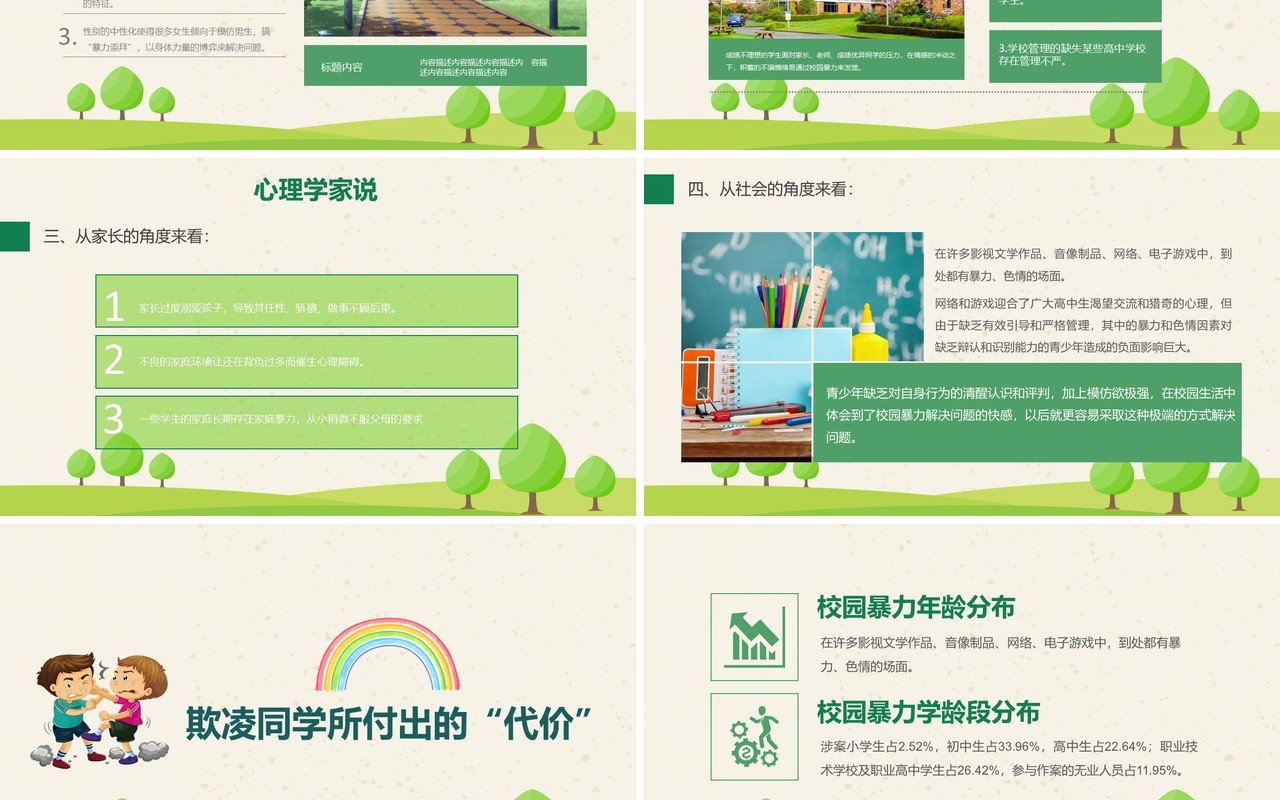 绿色中小学校园安全反对校园欺凌班会PPT模板