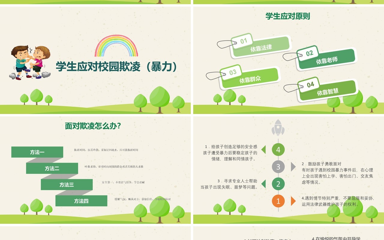 绿色中小学校园安全反对校园欺凌班会PPT模板
