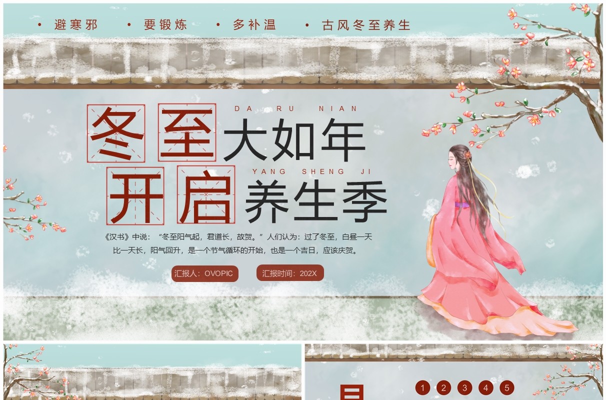 淡雅中国风冬至大如年养生介绍PPT模板