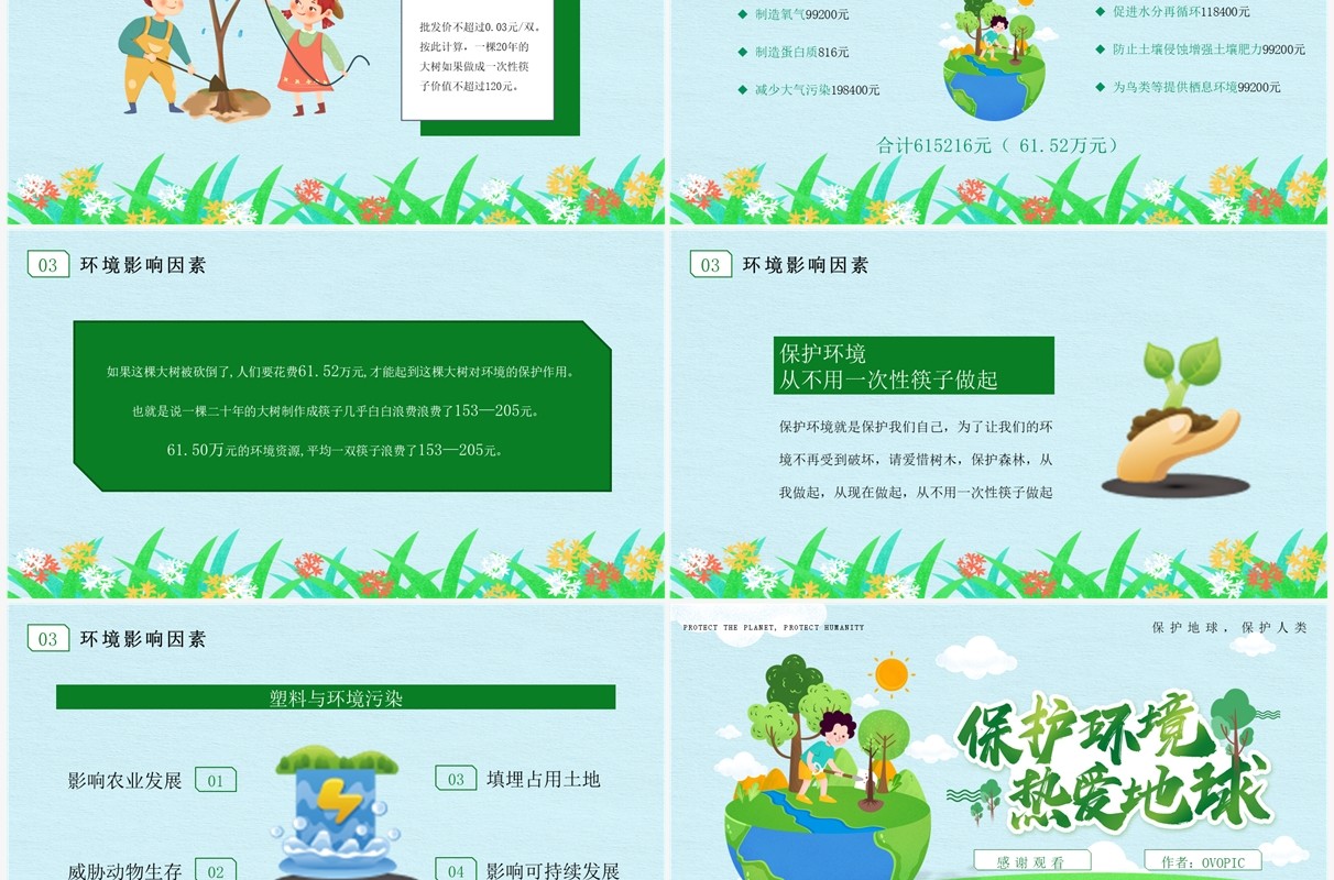 蓝绿色卡通风环境保护主题班会PPT模板