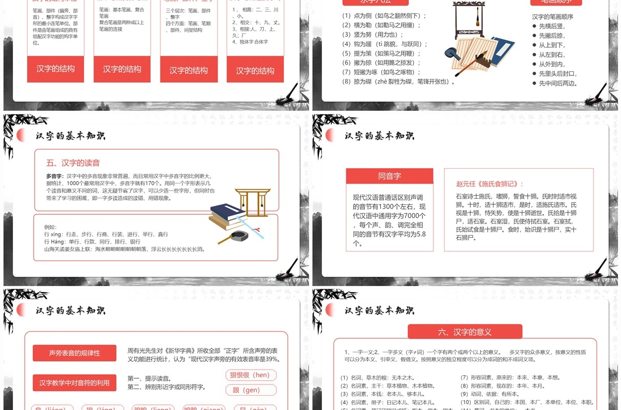 红色水墨中国风中国的汉字文化PPT模板