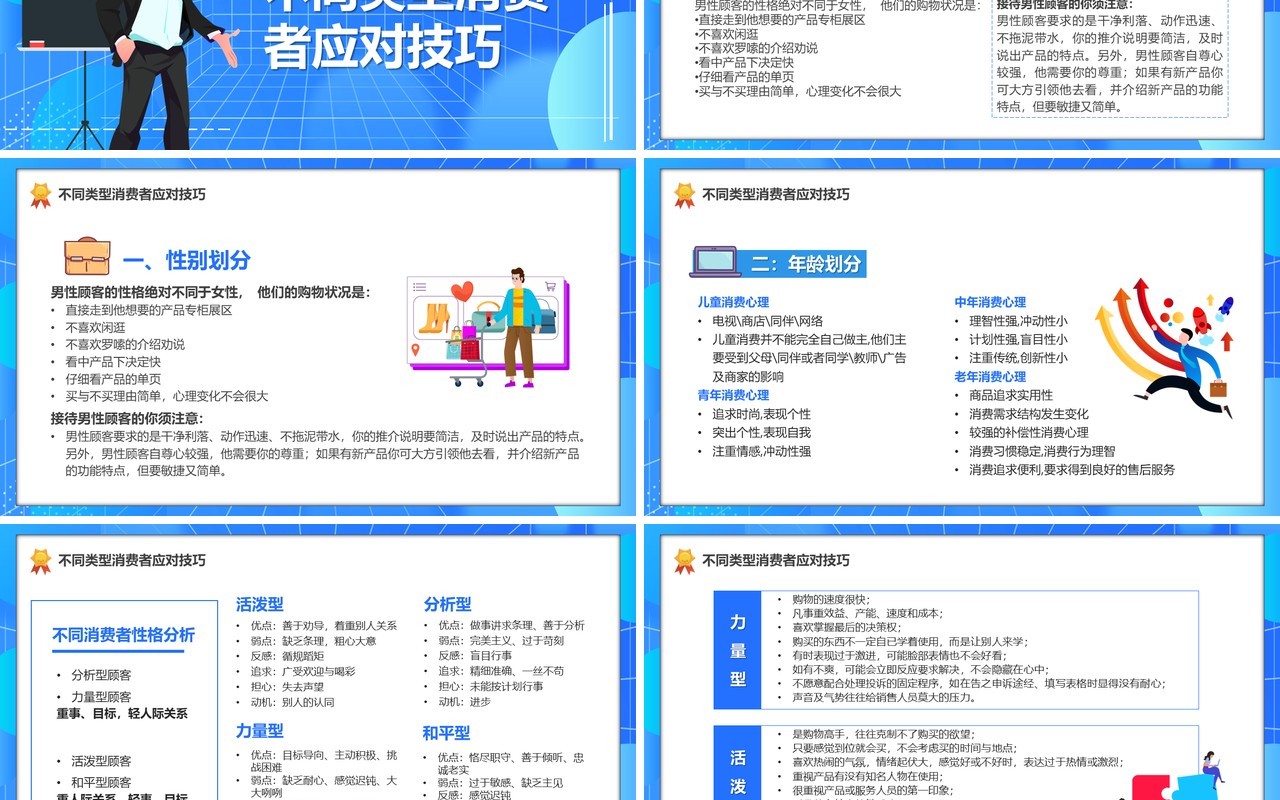 蓝色卡通导购员销售技巧PPT模板