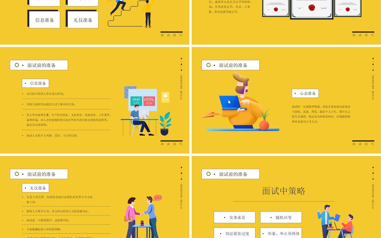 黄色卡通风大学生就业指南面试知识介绍PPT模板