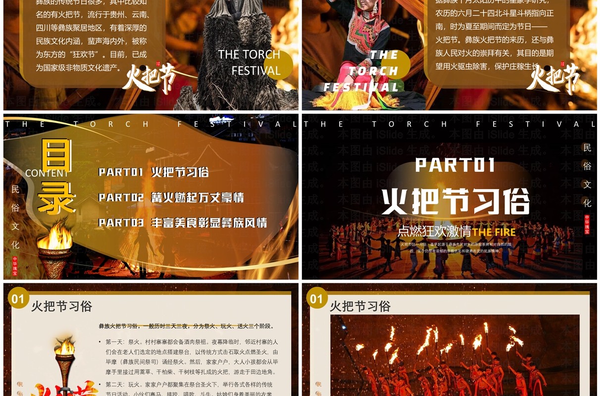 棕色简约风民俗文化彝族火把节PPT模板