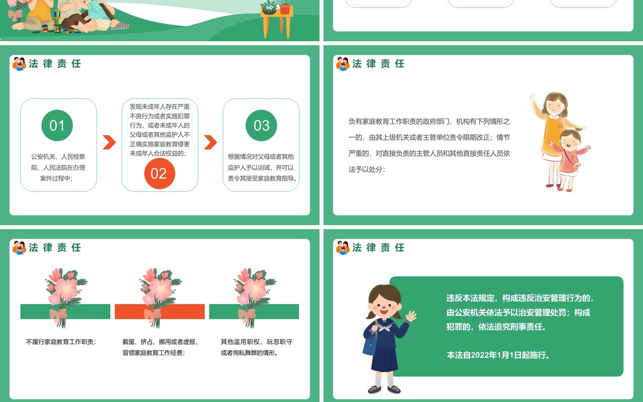 绿色卡通家庭教育促进法PPT模板