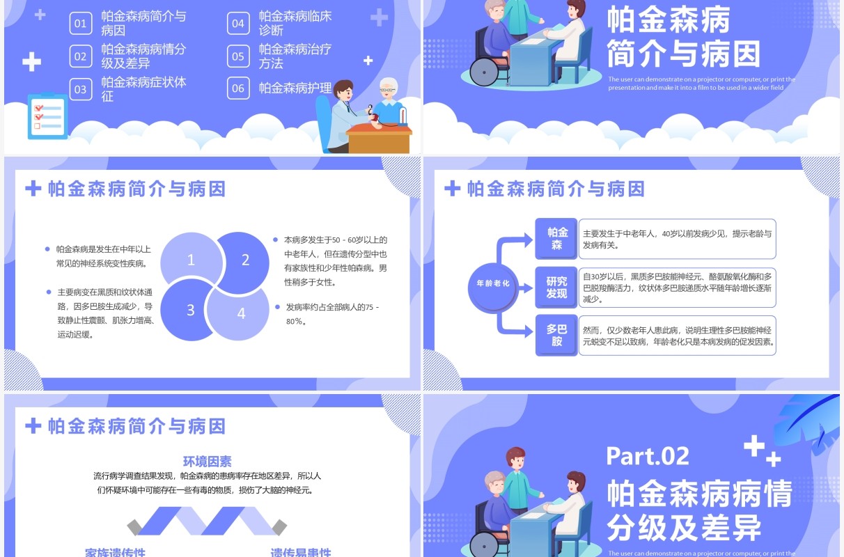 蓝色卡通帕金森病知识介绍PPT模板