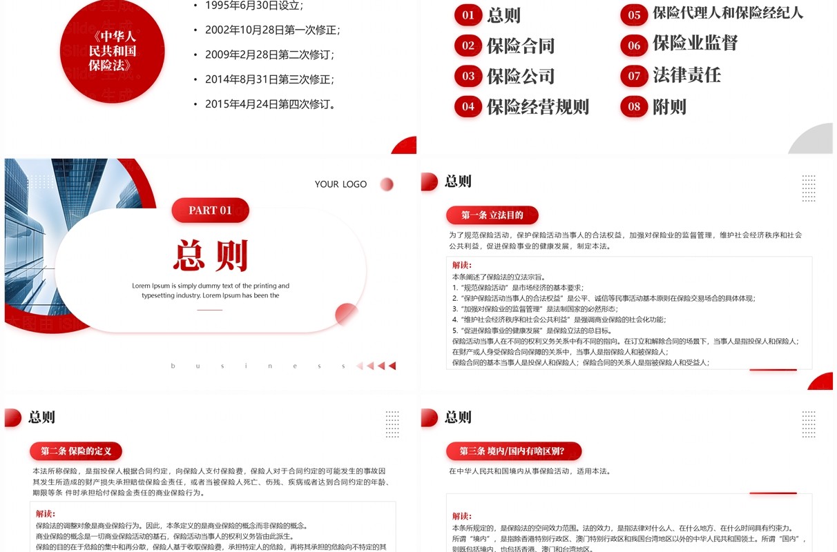 红色商务风中华人民共和国保险法解读PPT模板
