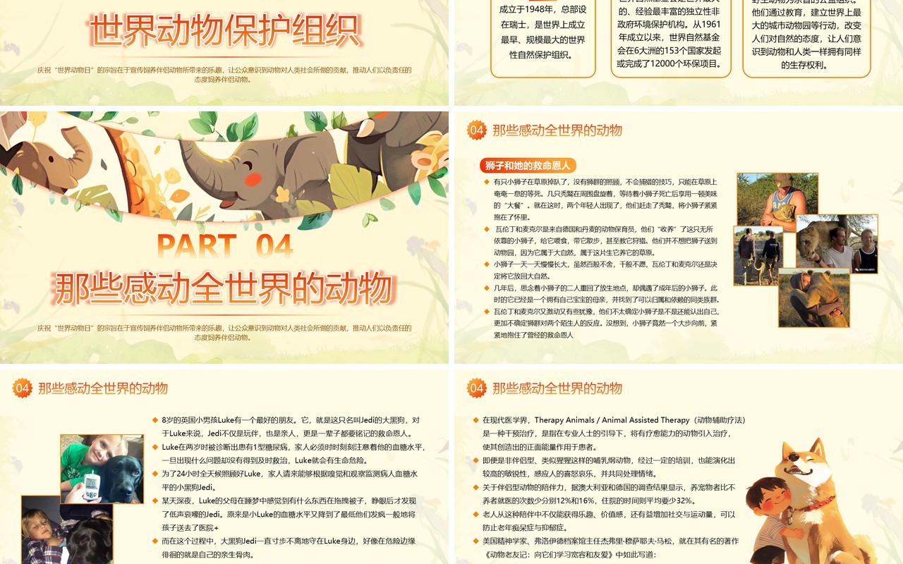 黄色插画风世界动物日介绍PPT模板