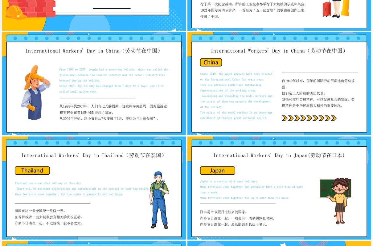 蓝色卡通风五一劳动节英文介绍PPT模板