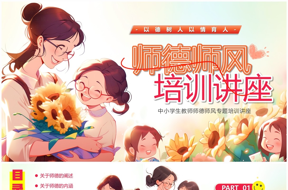 红色插画风师德师风培训讲座PPT模板