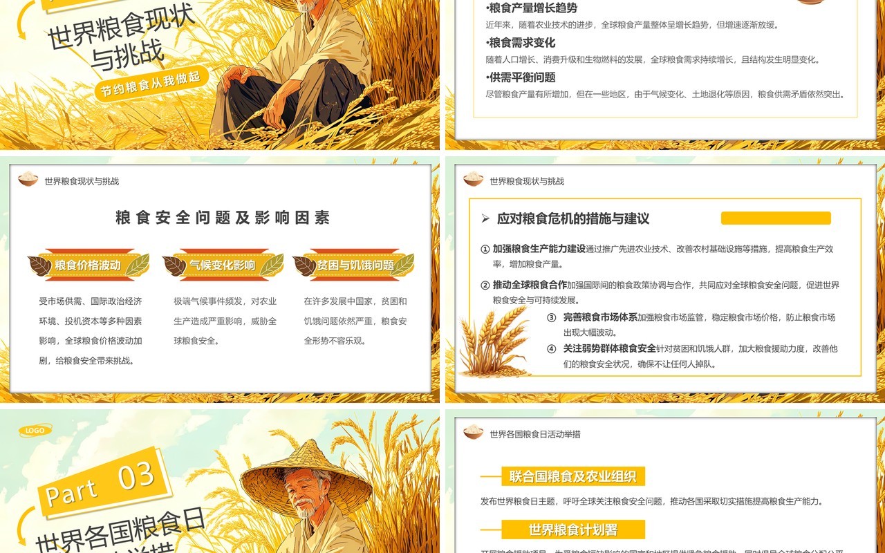 黄色插画风世界粮食日介绍PPT模板