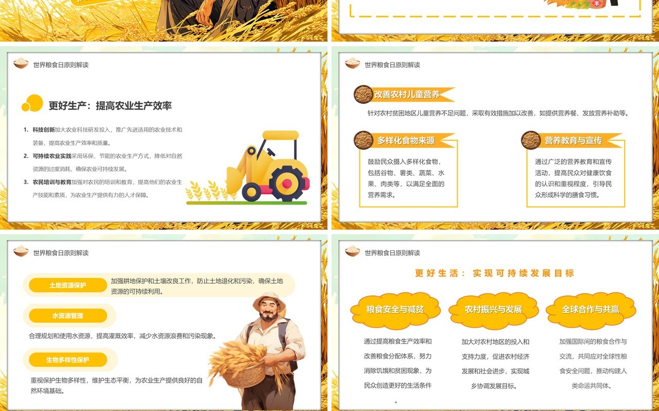 黄色插画风世界粮食日介绍PPT模板