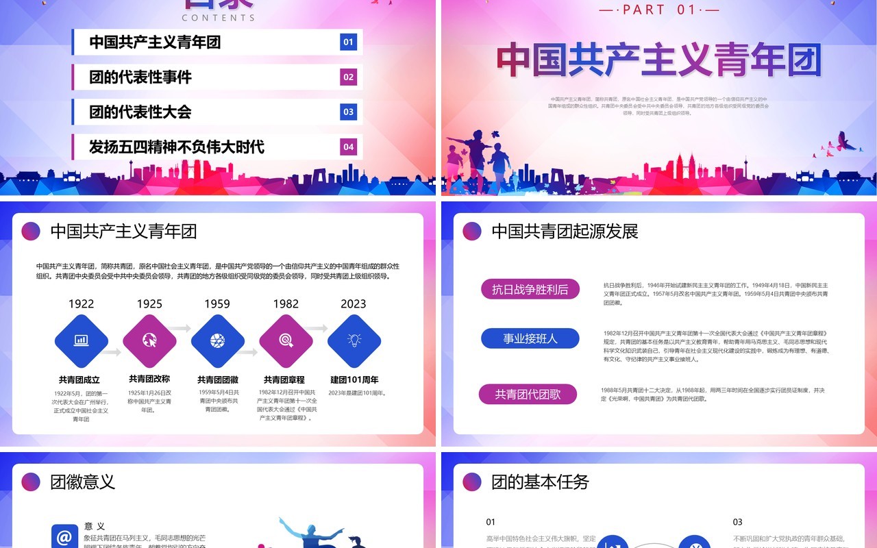 紫色简约风共青团建团101周年发扬五四精神PPT模板