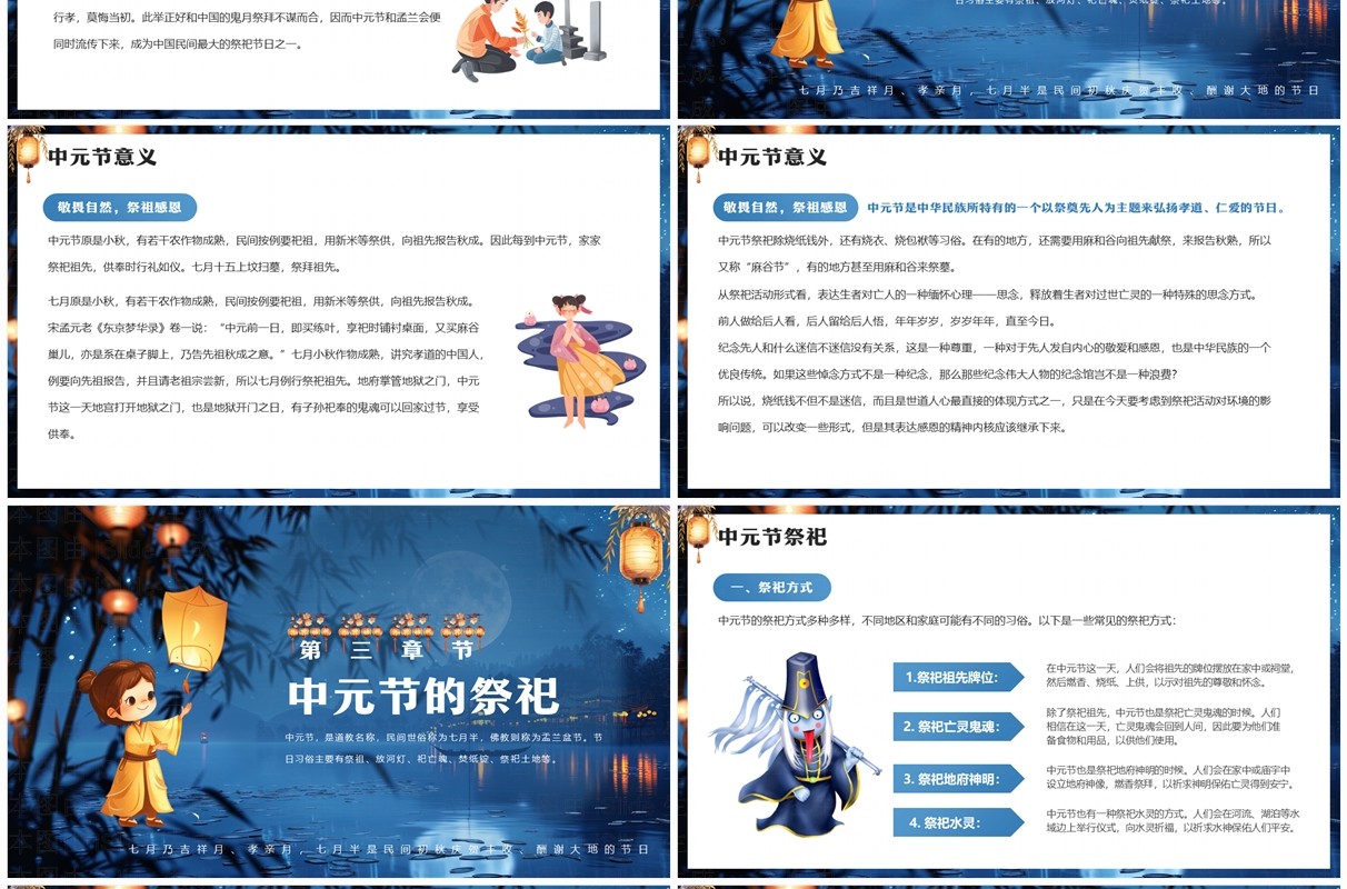 蓝色中国风传统节日中元节介绍PPT模板
