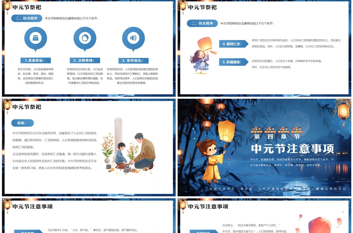蓝色中国风传统节日中元节介绍PPT模板